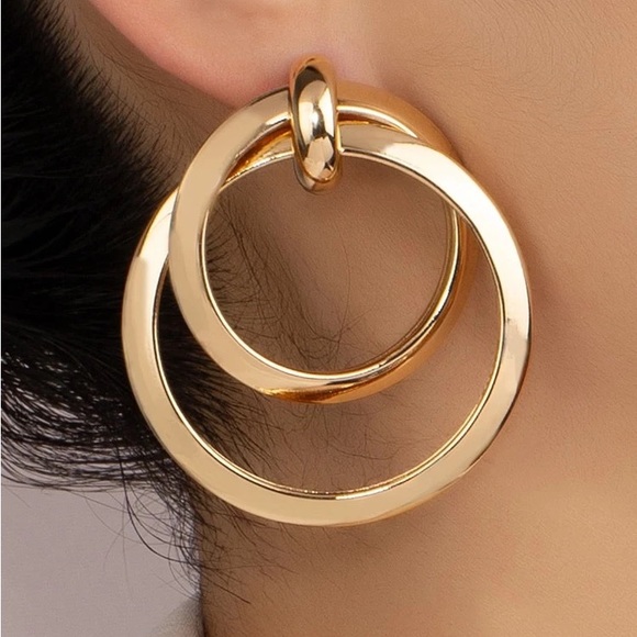 Round Drop Gold Hoop Earrings - Picture 2 of 5